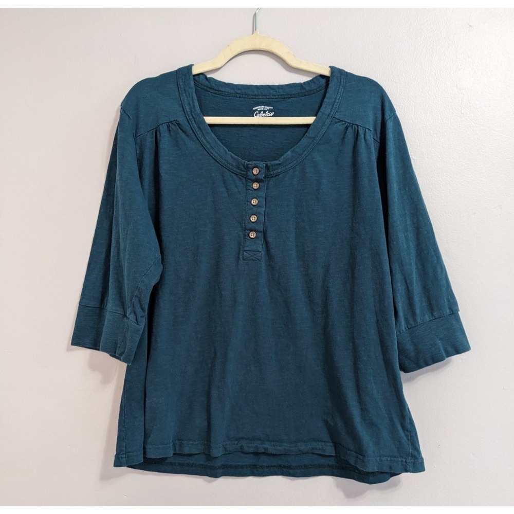 Cabela's Henley‎ 3/4 Sleeve Shirt Relaxed Fit Casual Outdoor Women's Teal 2XL